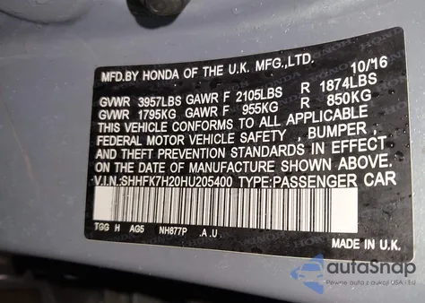 2017 Honda Civic Lx z USA, uszkodzony, nr VIN SHHFK7H20HU205400